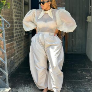 Khaki balloon pants & Transparent nude shirt