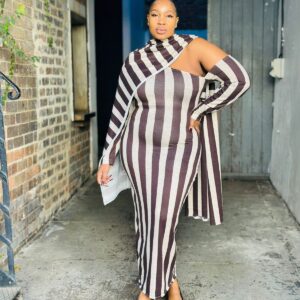 Brown & cream stripe knit dress & scarf
